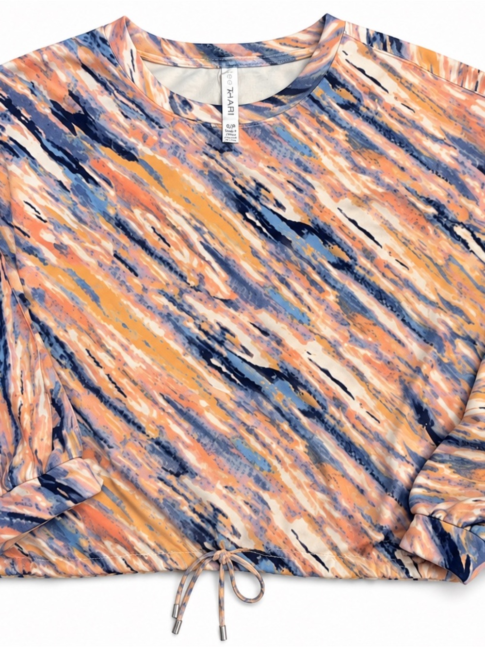 Tahari Peach and Navy Abstract Drawstring Sweatshirt